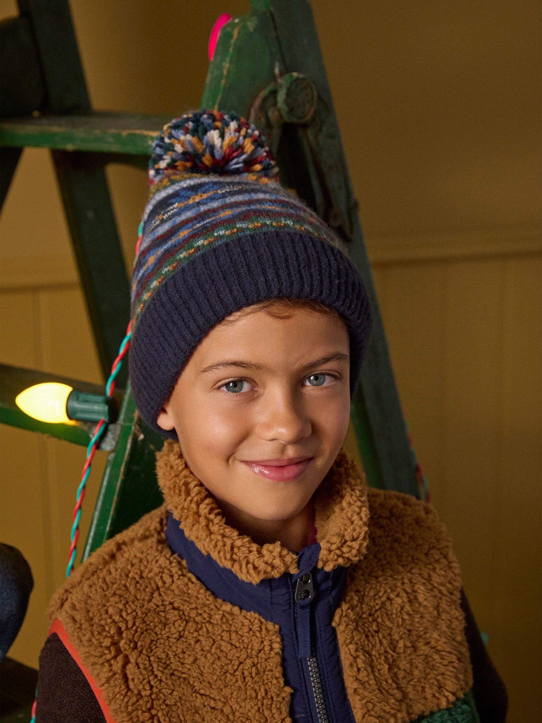 Marineblauw met multiprint - Joules Riley Cosy Lined Fair Isle Bobble Hat
