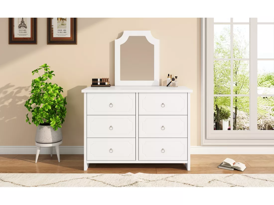 Armoire à miroir, commode 6 tiroirs, miroir amovible, patins silencieux, MDF + panneaux de particules, blanc