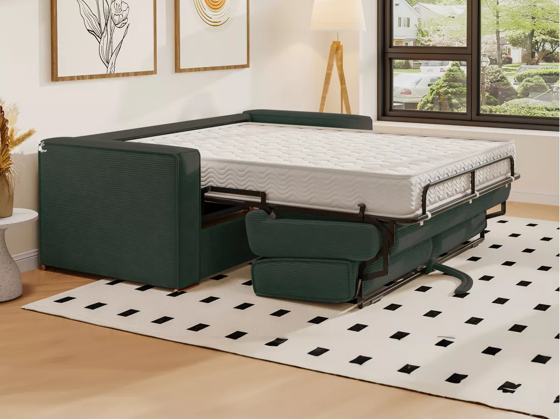 Canapé 3 places convertible express en velours côtelé vert sapin - Couchage 140 cm - Matelas 14 cm LORETO