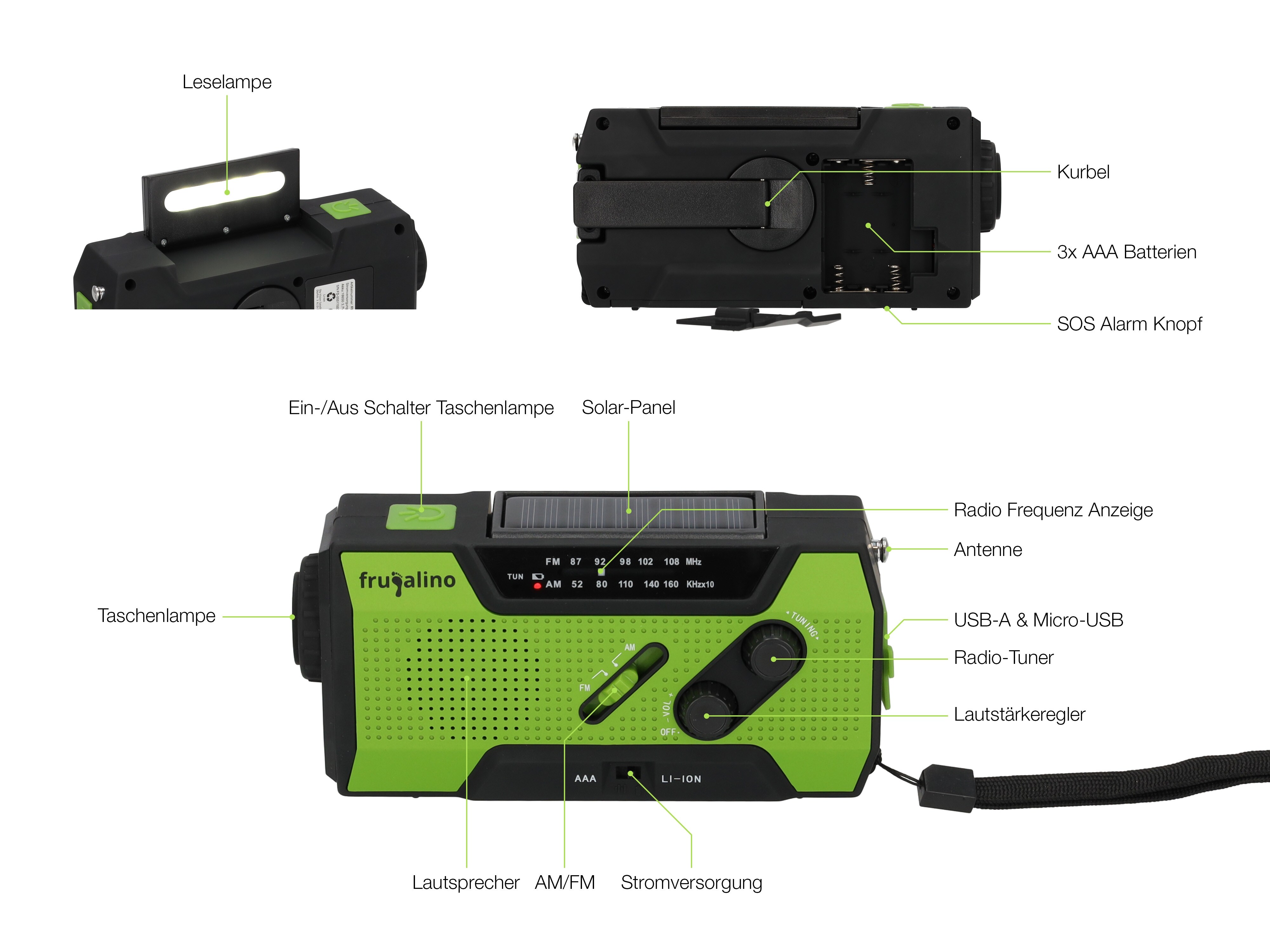 Frugalino Blackout Notfall-Radio, Kurbel, Solar, Akku, SOS Alarm