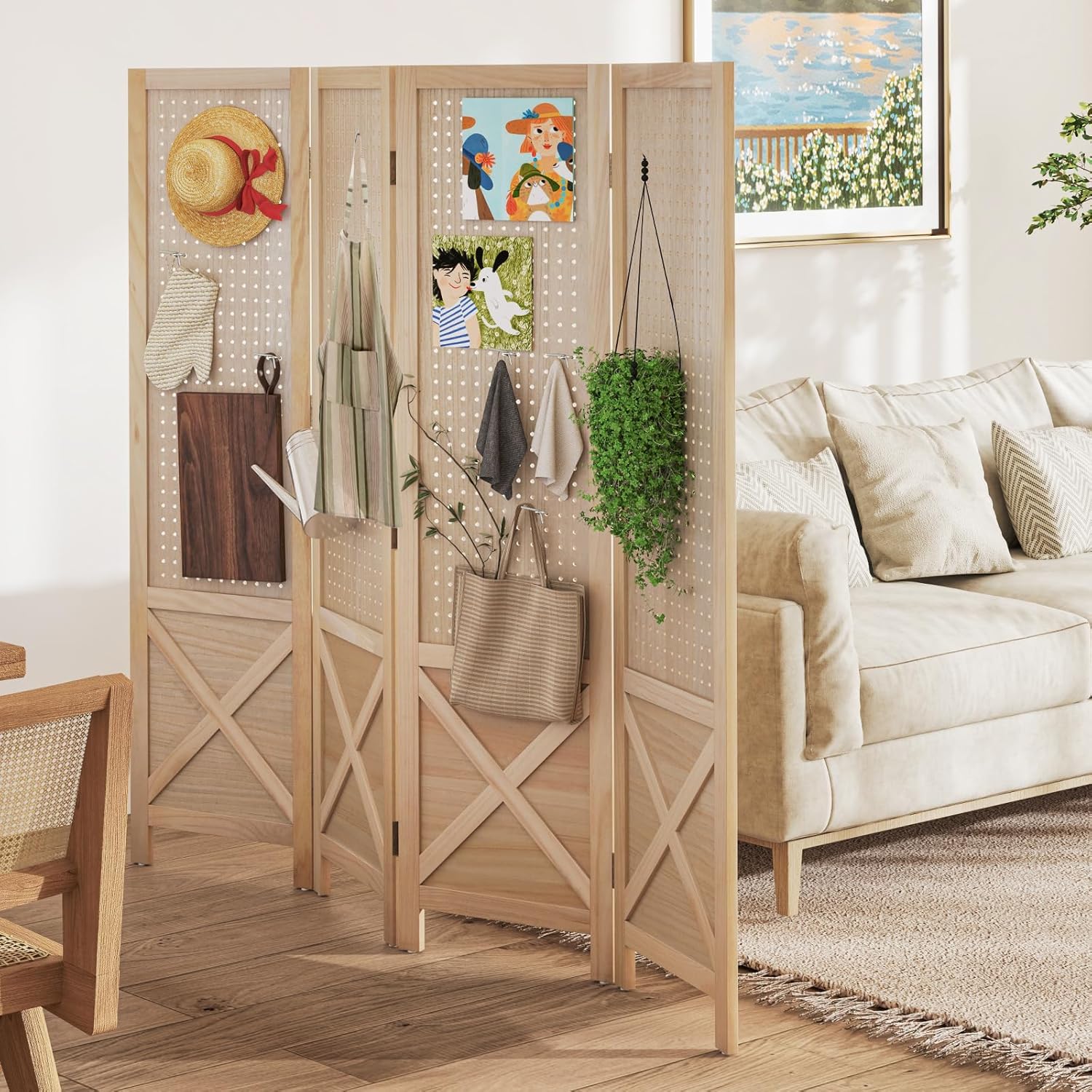 COSTWAY Paravent mit Stecktafel, 153,5 x 144 cm, Raumteiler klappbar, 4 teilige Trennwand Holzrahmen, Sichtschutz Innen Outdoor, dekorativ, Natur
