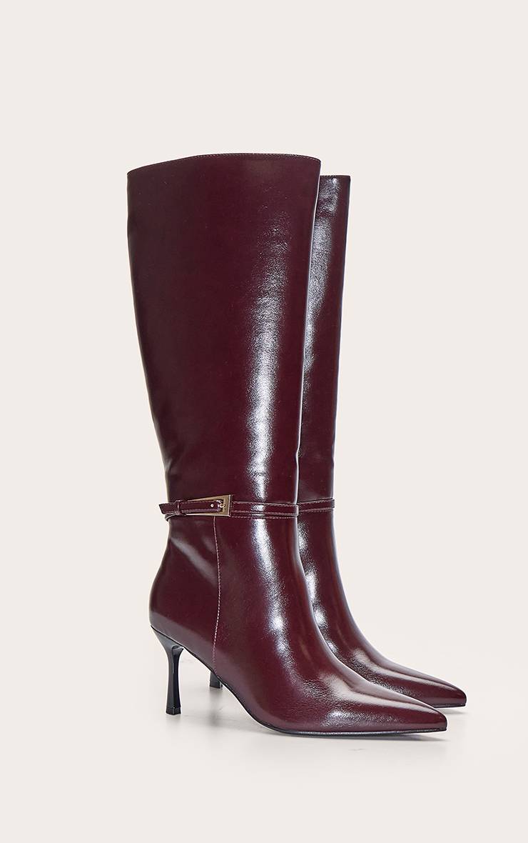 Rouge Bordeaux Botte À Talon Aiguille Montante Au Genou Avec Boucle