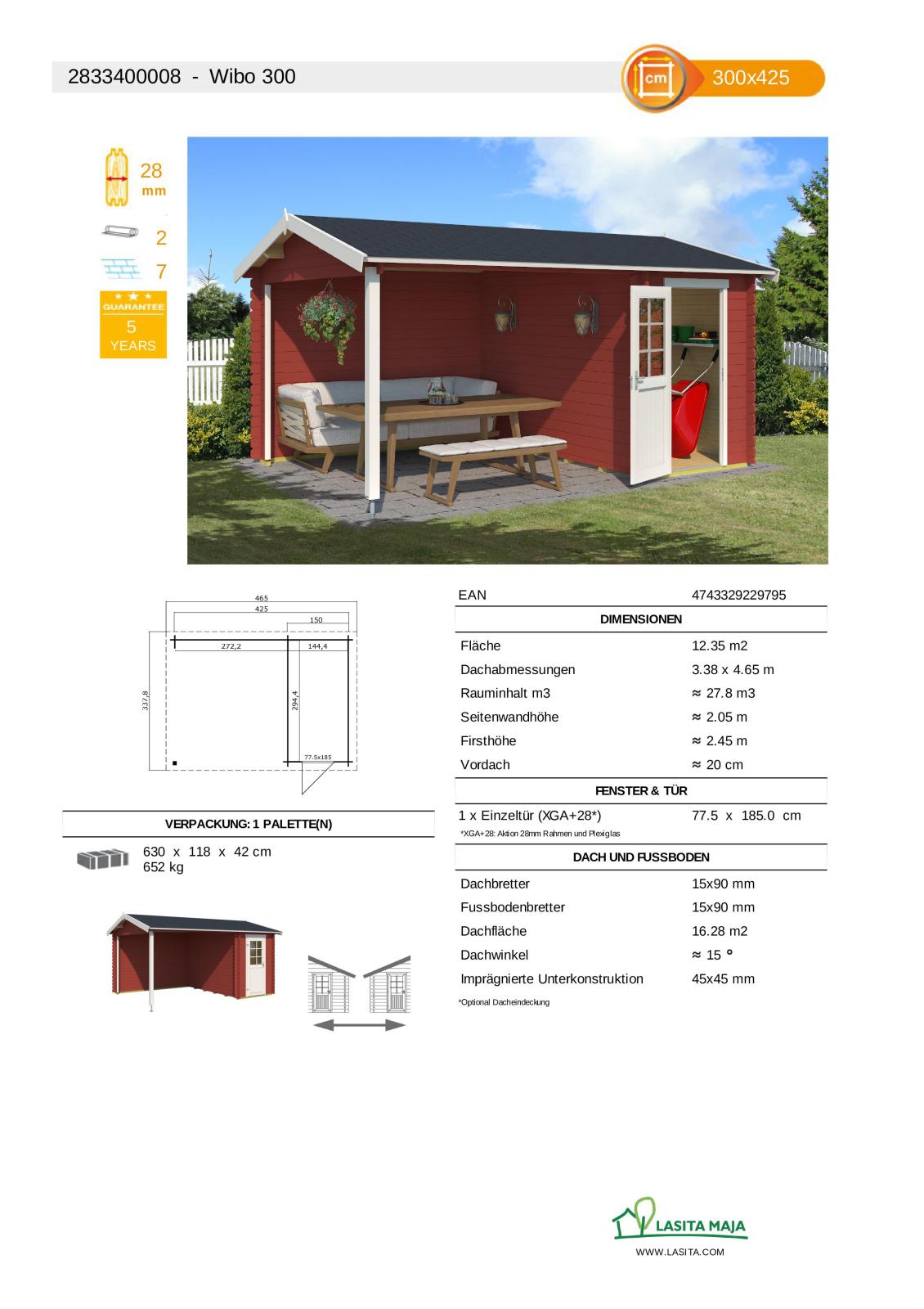 Gartenhaus WIBO - schwedenrot - Fichte massiv - 425/144x300 cm