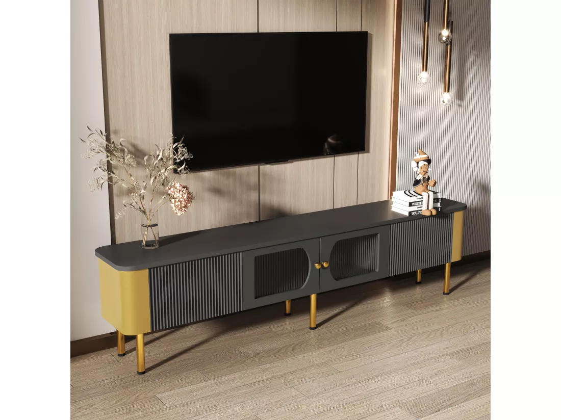 Meuble TV avec 2 portes et 2 tiroirs - 170 x 34 x 50 cm - Bois MDF - poignées et pieds dorés - Noir