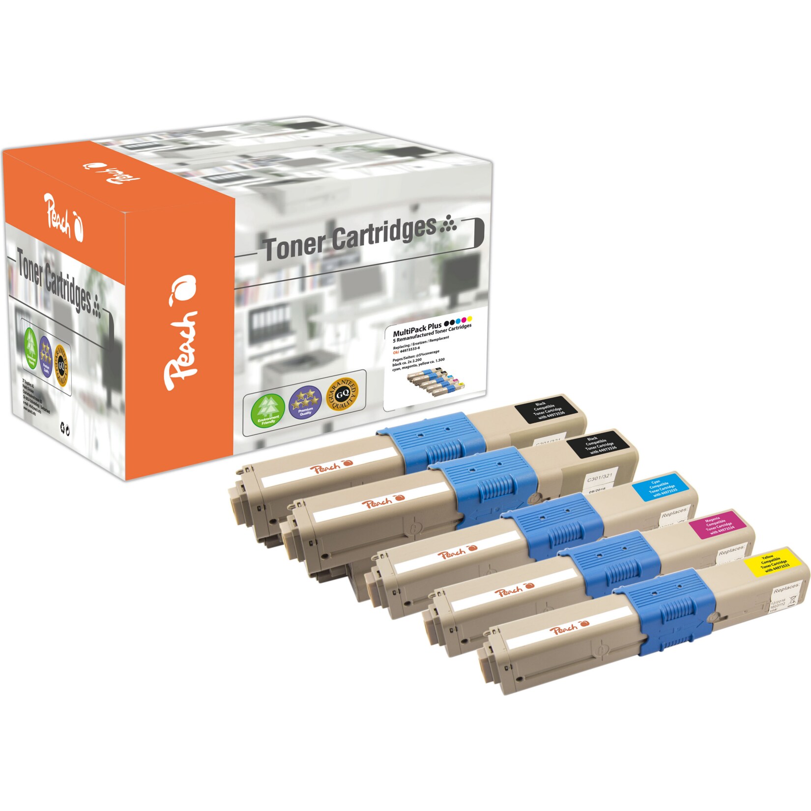 Peach O4496/47/97 5 Toner (2*bk, c/m/y) ersetzt OKI 44973533-6 für z.B. OKI C 301 DN, OKI C 321 DN, OKI MC 332 DN, OKI MC 340, OKI MC 342 DN (wiederaufbereitet)