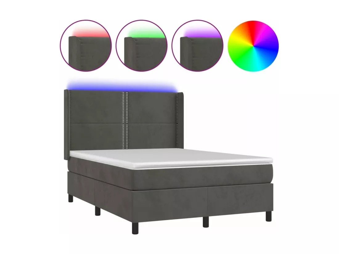 Sommier tapissier matelas et LED Gris foncé 140x190 cm Velours
