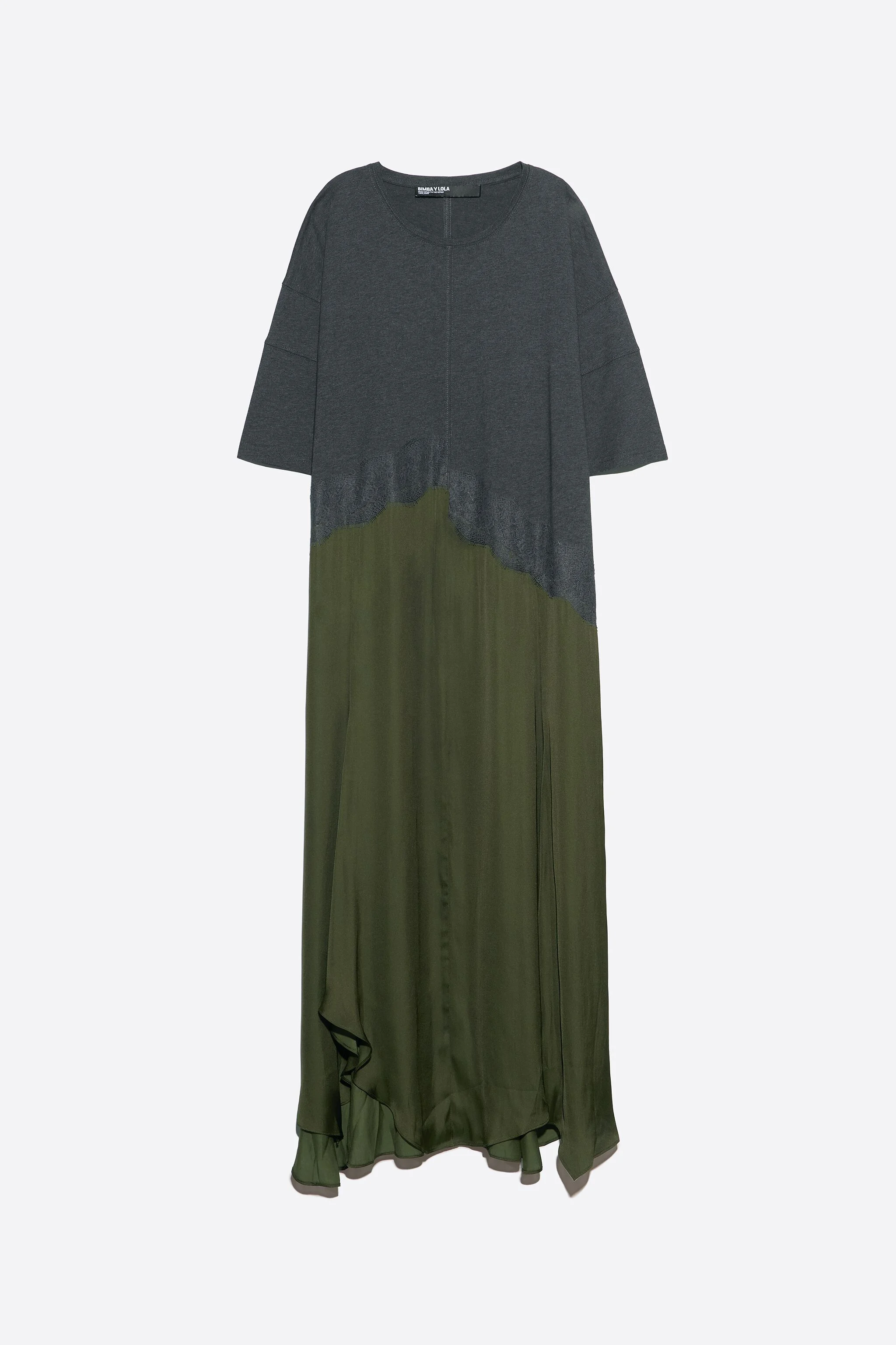 Vestido assimétrico cáqui em dois materiais