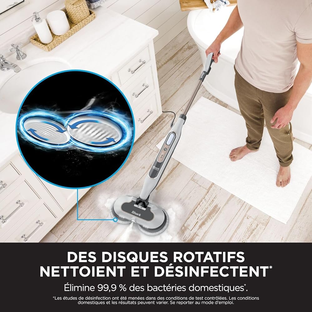 Shark Steam Mop, balai automatique à vapeur et à récurer, 2 tampons rotatifs, 3 réglages vapeur, assainit, élimine taches et saleté, utilisation sur tous les sols durs scellés, blanc et gris S8201EU : Cuisine et Maison