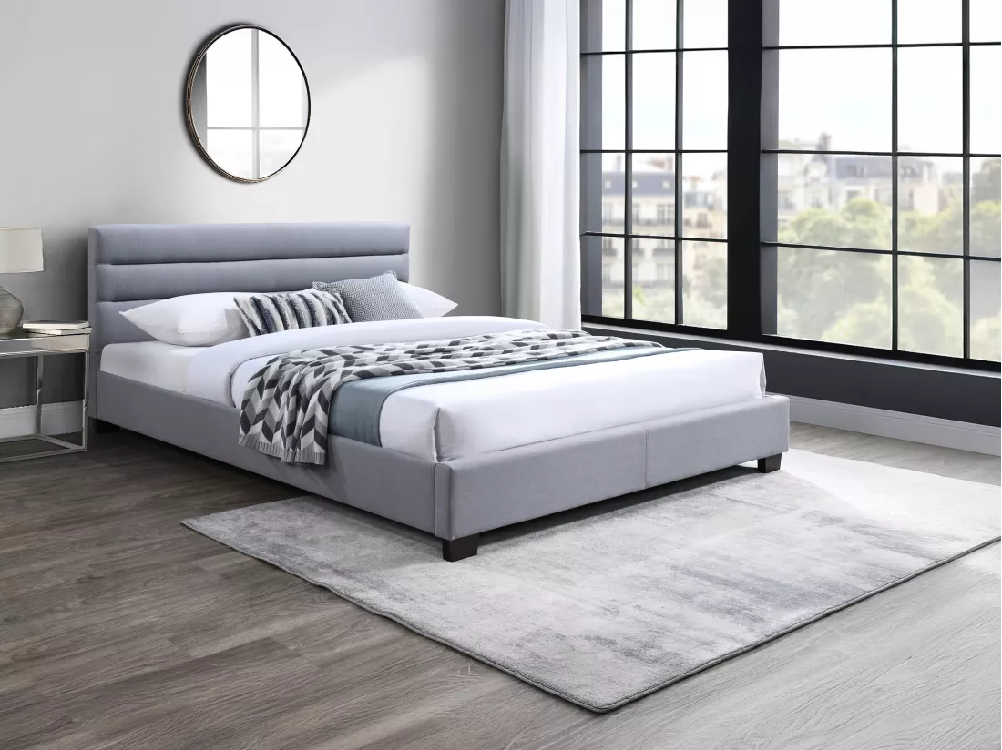 Lit 160 x 200 cm - Tissu - Gris + Matelas - FAUSTIN