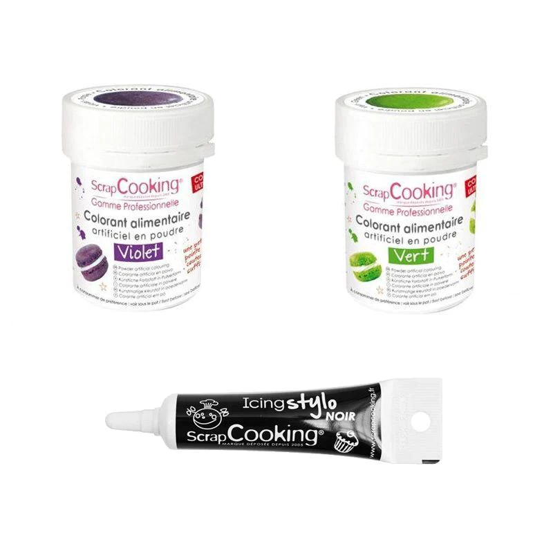 2 colorants alimentaires vert-violet + Stylo glaçage noir Scrapcooking
