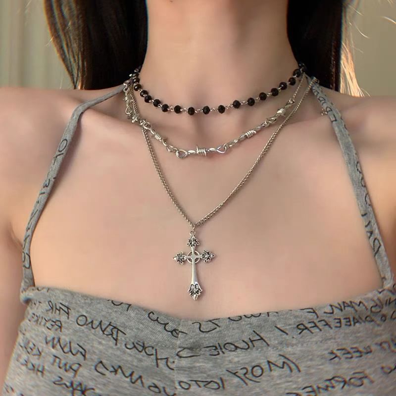 Bolgivy - Kruis hanger legering ketting / Doorn legering choker / Glazen kraal legering choker