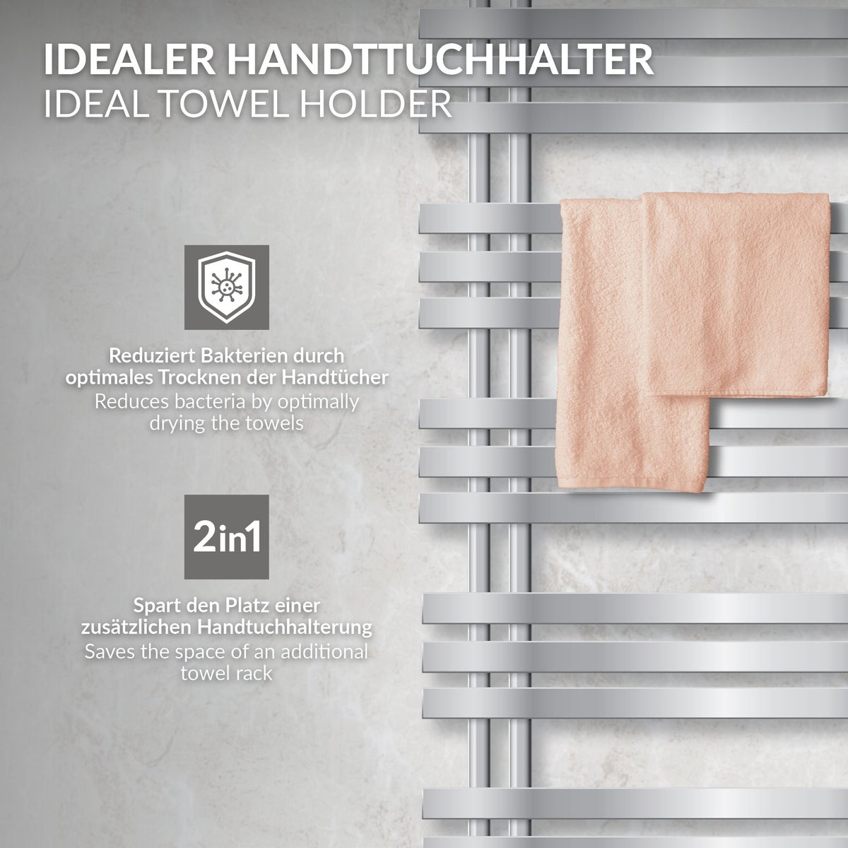 LuxeBath badkamerradiator Iron EM 600x1200 mm chroom middenaansluiting aansluitset thermostaat universele hoek- en doorloopdesignradiator handdoekwarmer handdoekdroger handdoekradiator