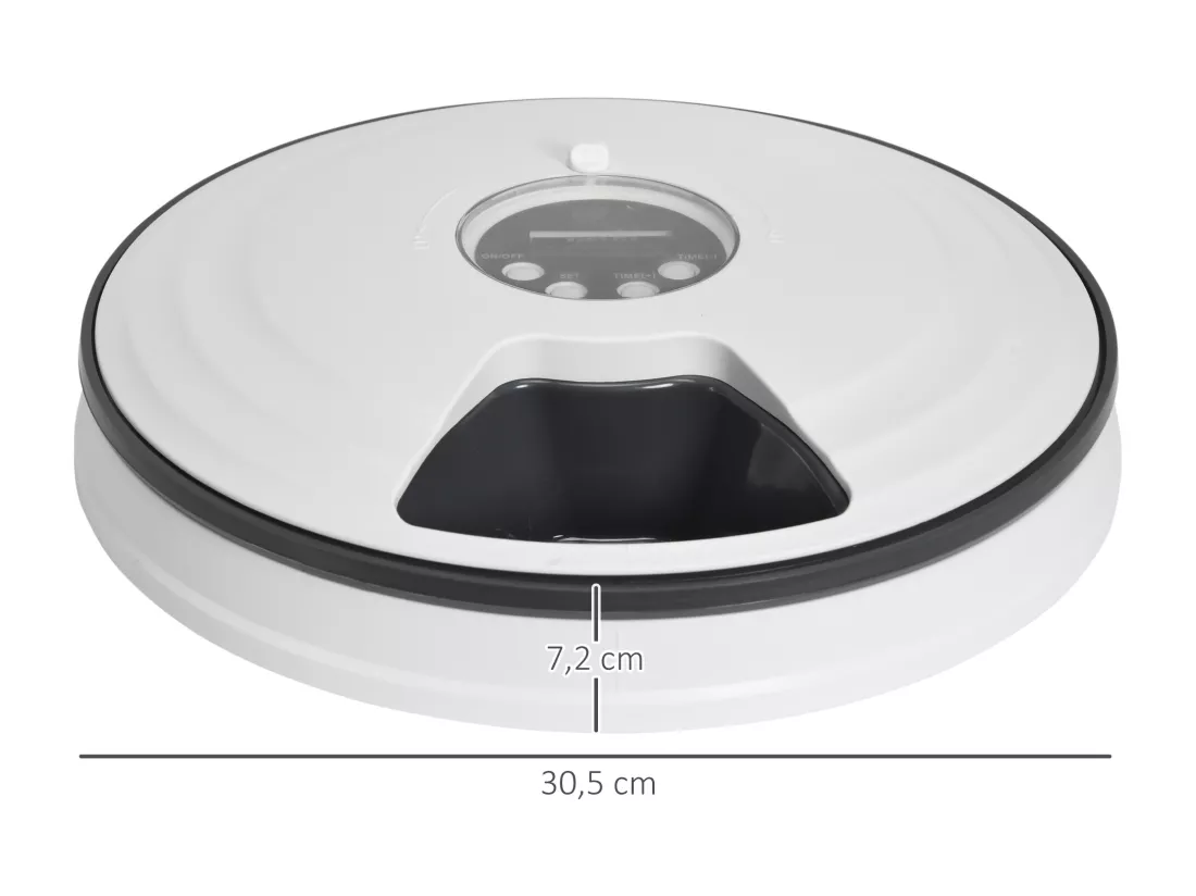 Distributeur de nourriture chat chien - distributeur automatique programmable - 6 compartiments - écran LED - fonction musicale intégrée - ABS gris blanc