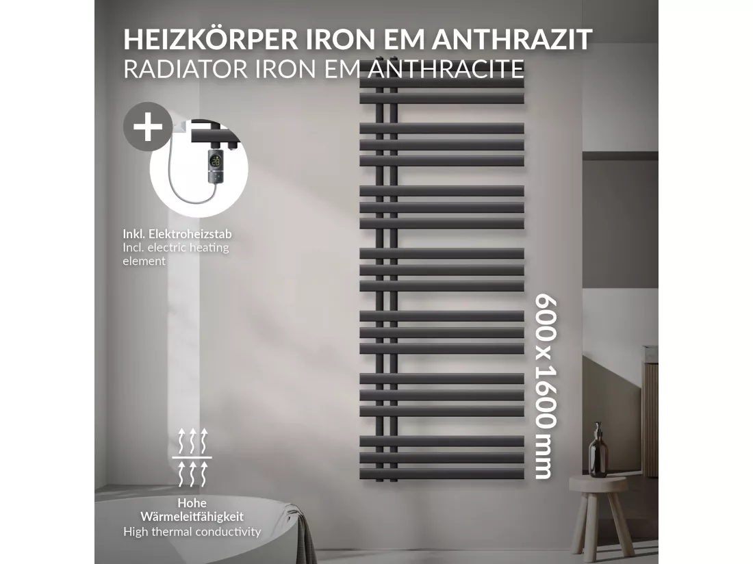 Radiateur design Iron EM anthracite 60x160 cm avec tige élément chauffant 1200 W