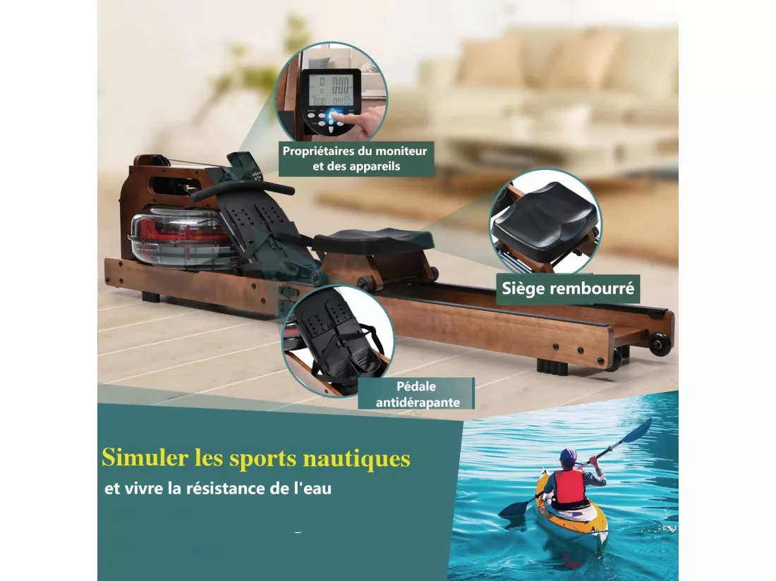 Rameur pliable en bois, avec APP, résistance à l'eau, double glissière, silencieux et lisse, charge max 150kg, 210x52x51cm