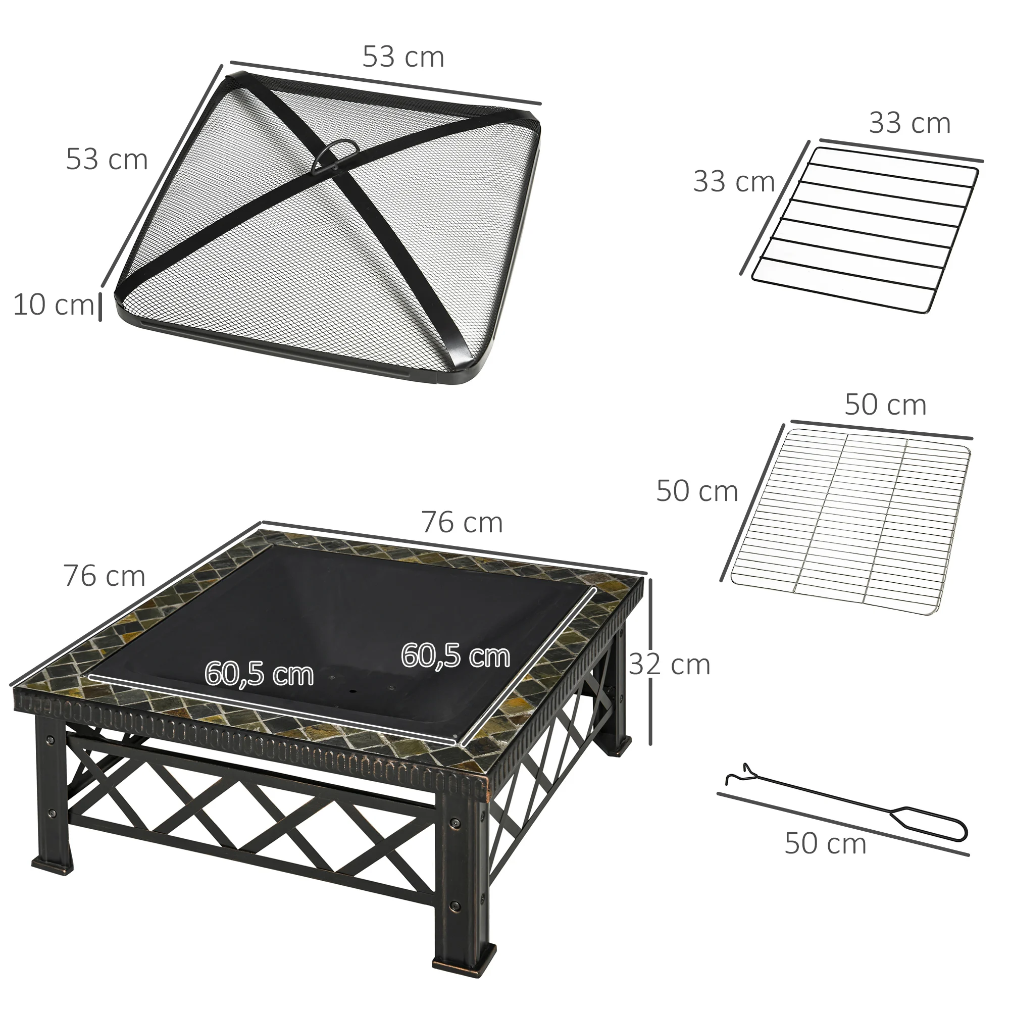 Aquecedor de lareira externa Outsunny 76x76x47 cm multifuncional 3 em 1, com balde de gelo quadrado, novo estilo para aquecimento de churrasqueiras, terraços e jardins, preto.