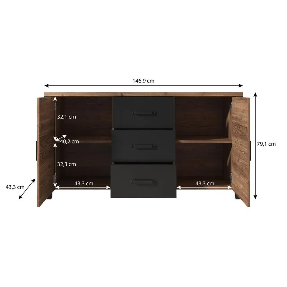 Meubella - Dressoir Olivia - Zwart - Eiken - 147 cm