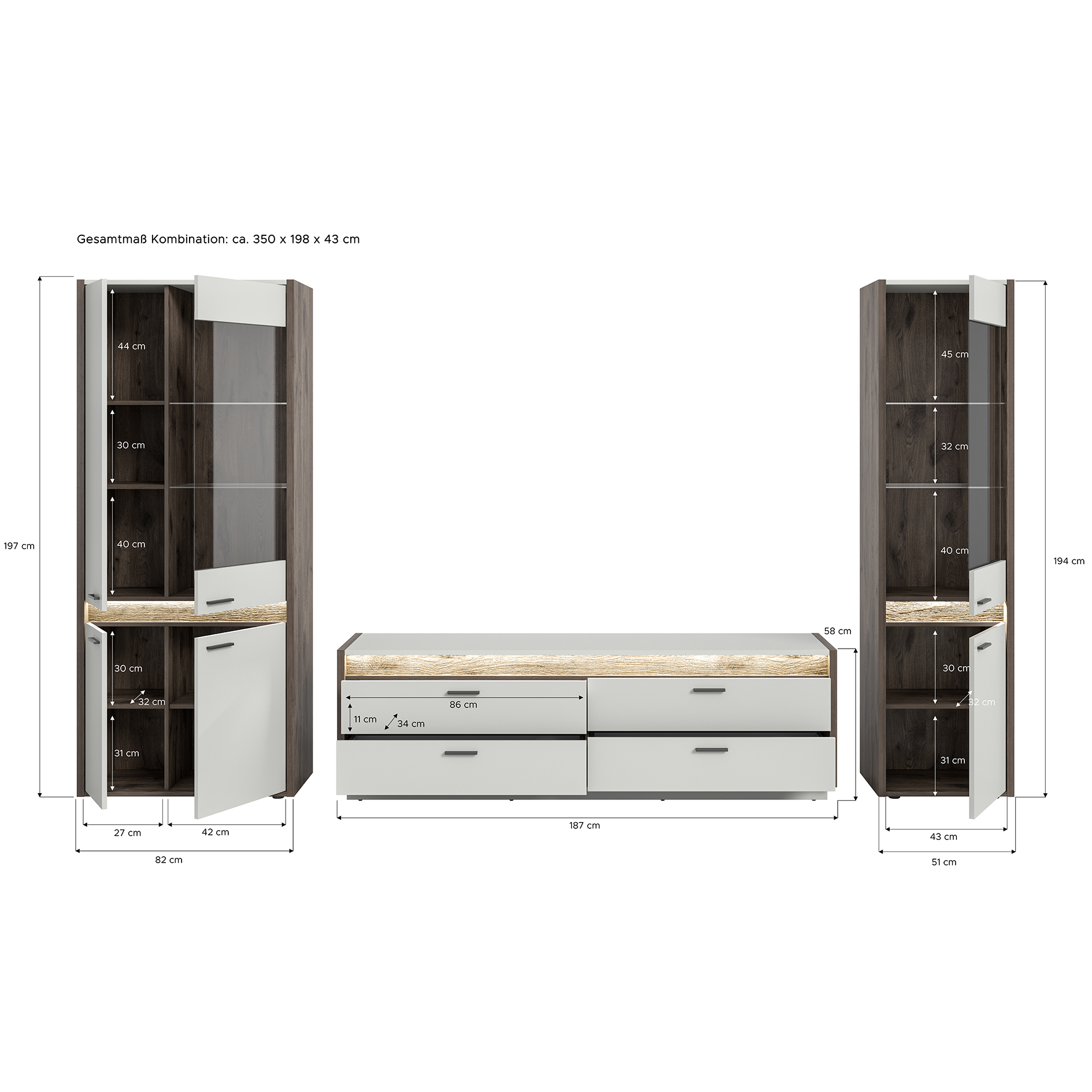 3-teiliges Wohnwand-Set FALCONA - hellgrau - Nox Oak - 350 cm