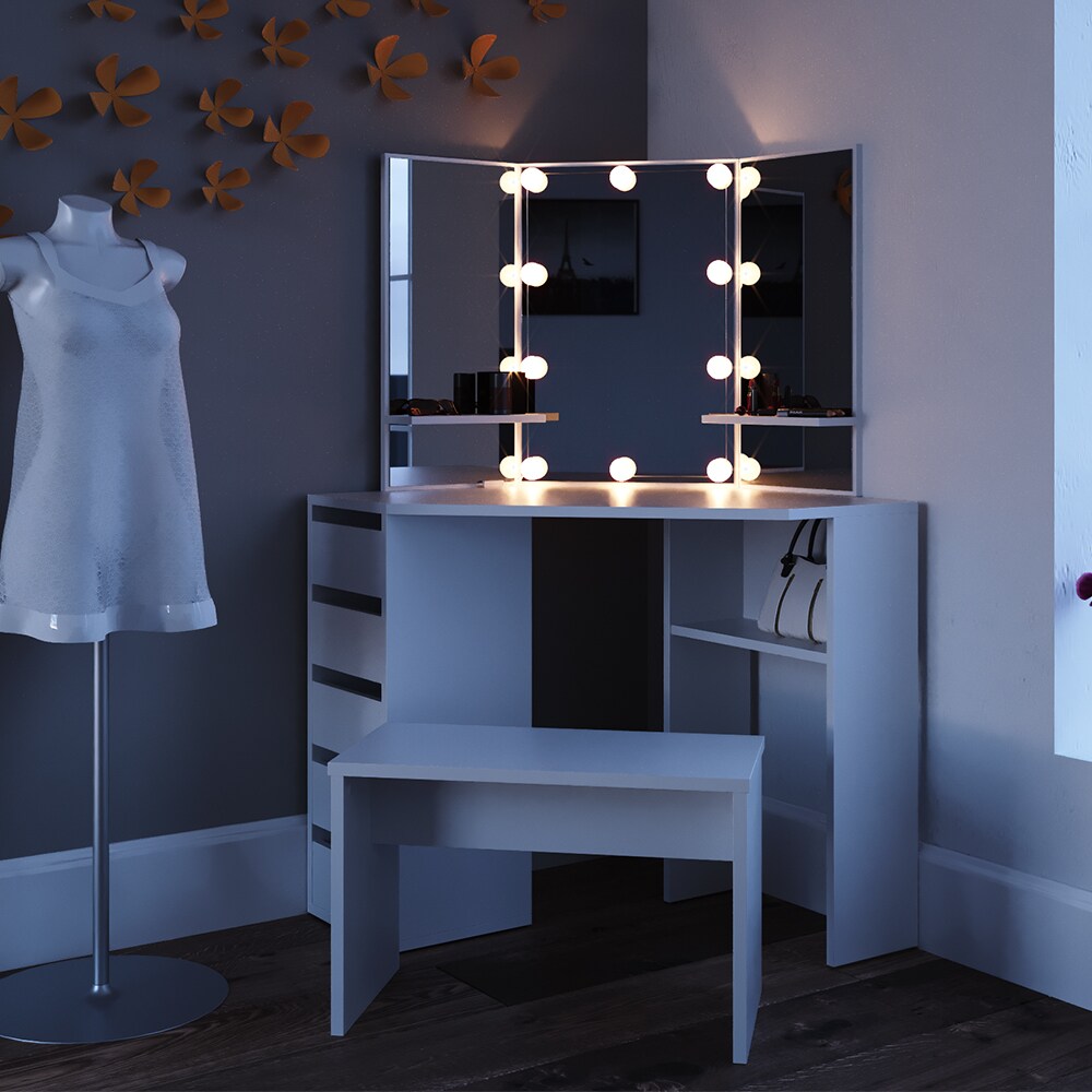 Vicco Eckschminktisch Arielle Kosmetiktisch Frisiertisch Schminktisch Weiß inklusive Sitzbank und LED-Lichterkette