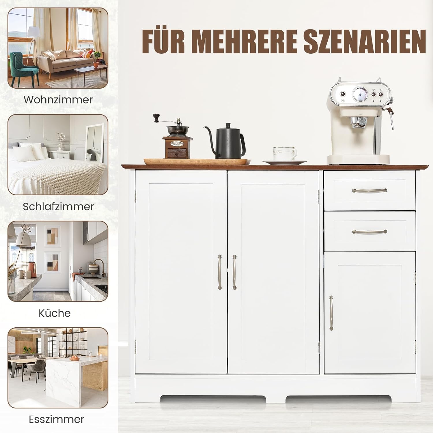 COSTWAY Sideboard weiß, Küchenschrank mit Arbeitsplatte 100 x 40cm, Buffetschrank mit Türen & Schubladen & verstellbaren Ablagen, Kücheninsel für Küche, Esszimmer (Weiß)