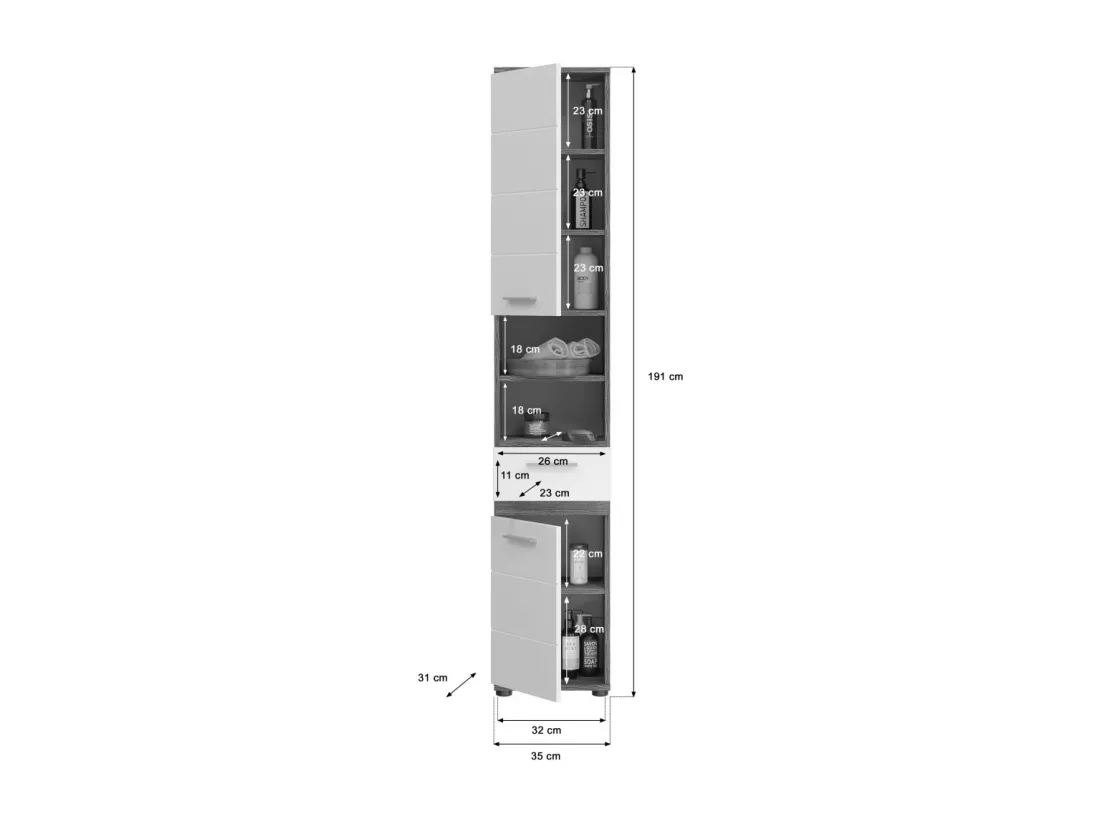 Colonne de salle de bain WILLIAM 2 portes et 1 tiroir – Blanc et gris foncé