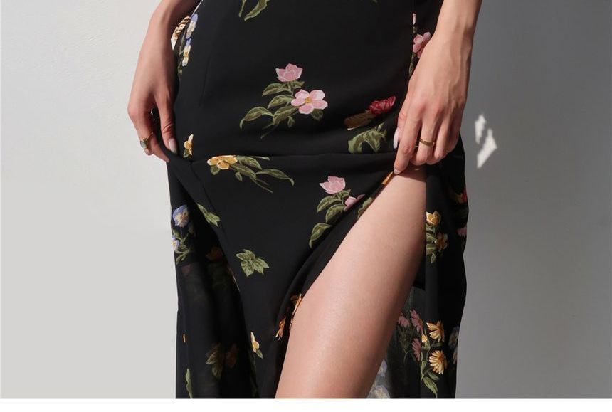 Honmizz - Midi-jurk met spaghettibandjes en bloemenprint