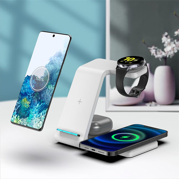 (15W) 4in1 Ladegerät Qi Wireless Charger Ladestation für Smartphones / Apple Airpods / Galaxy Buds / Galaxy Watch - Weiss