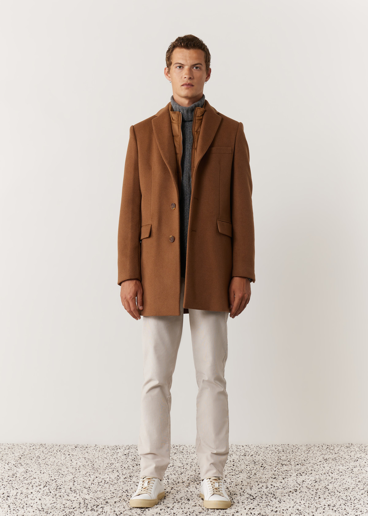 Manteau en laine mélangée unie cognac à parementure amovible