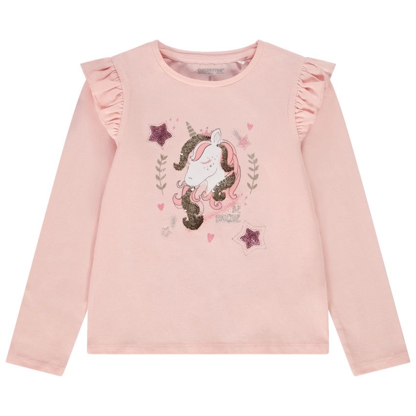 T-shirt manches longues en jersey print licorne pour fille - Rose