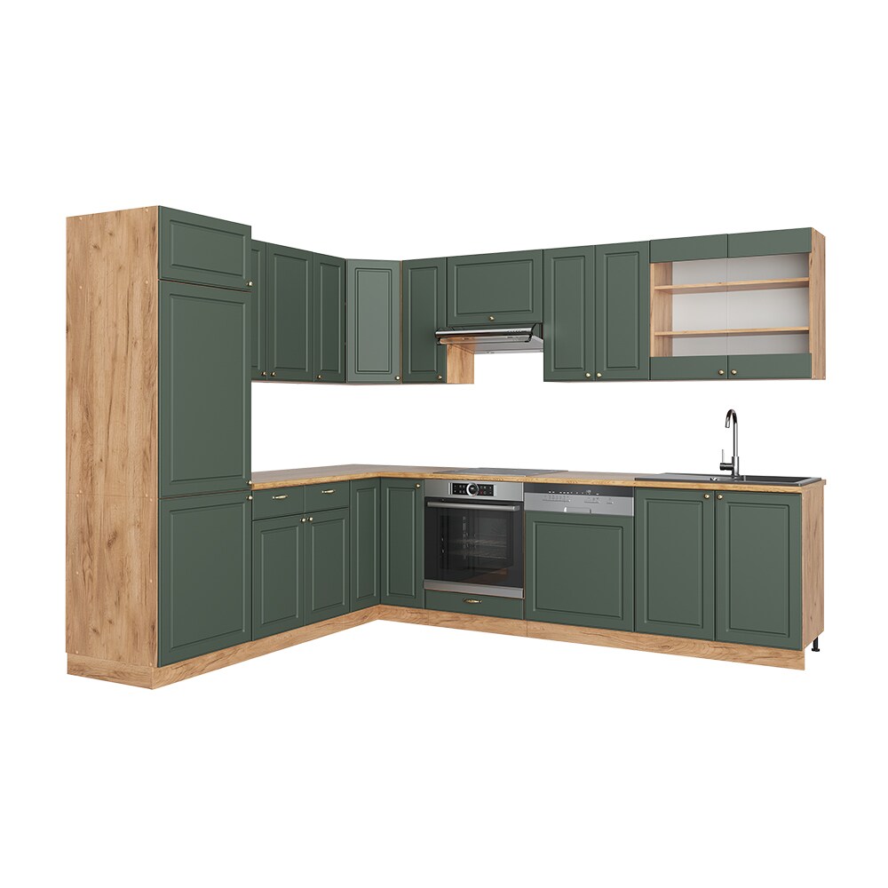 Vicco Eckküche Küchenzeile Einbauküche Fame-Line Landhaus Eiche Grün Gold227x287 cm Spülenunterschrank Schubunterschrank Eckunterschrank Herdumbauschrank Hängeschrank Kühlumbauschrank