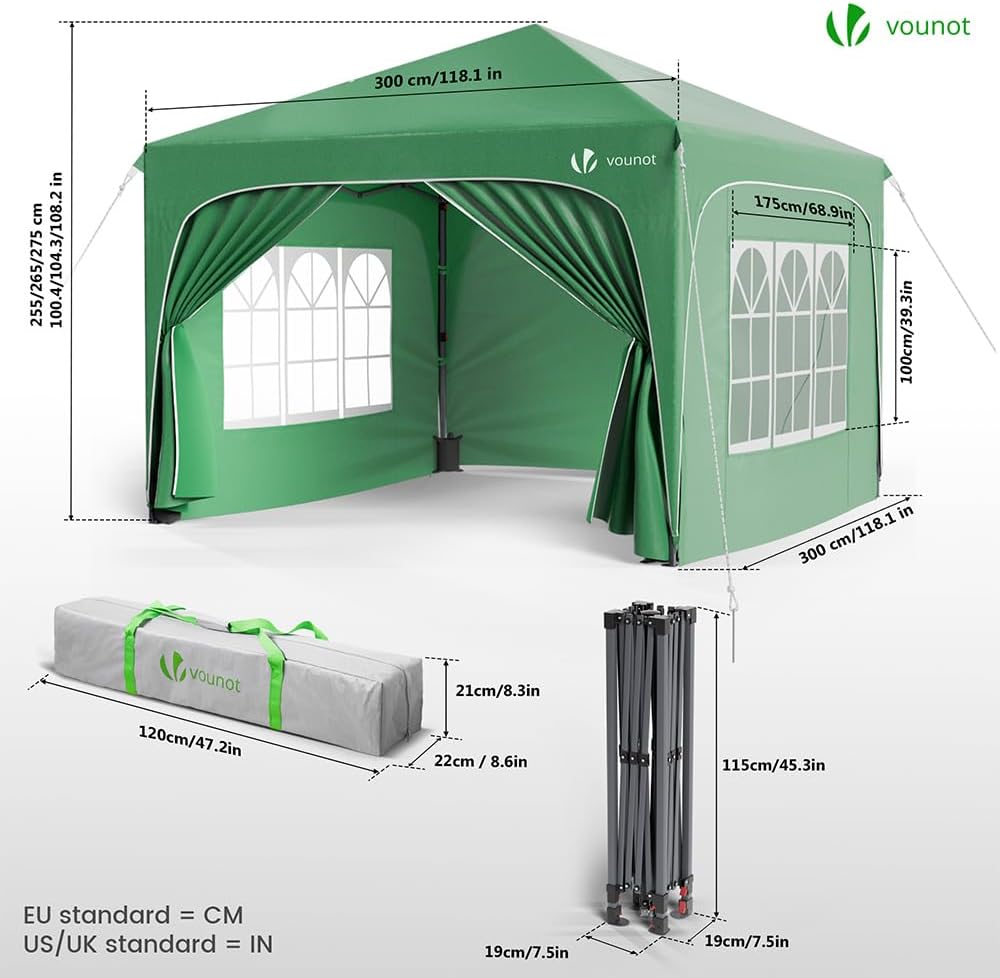 VOUNOT® Pavillon 3x3m mit 4 Seitenteilen & 4 Sandsäcke, Pop Up Faltpavillon, Wasserdicht, Faltbar Gartenzelt Partyzelt, inkl. Tasche, Grün