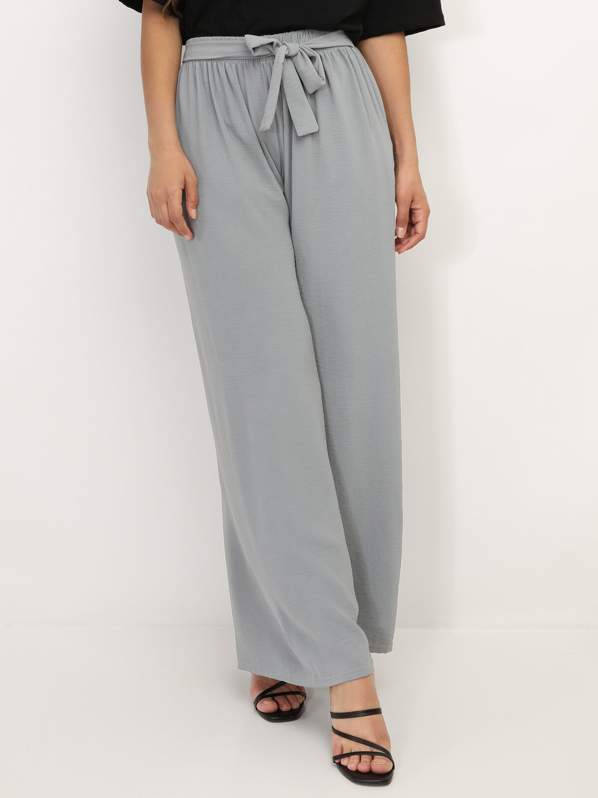 Pantalon ample ceinturé- Gris clair