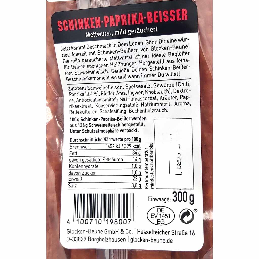 Glocken-Beune Schinken-Paprika Beisser Mettwurst mild geräuchert 300g MHD:30.12.24