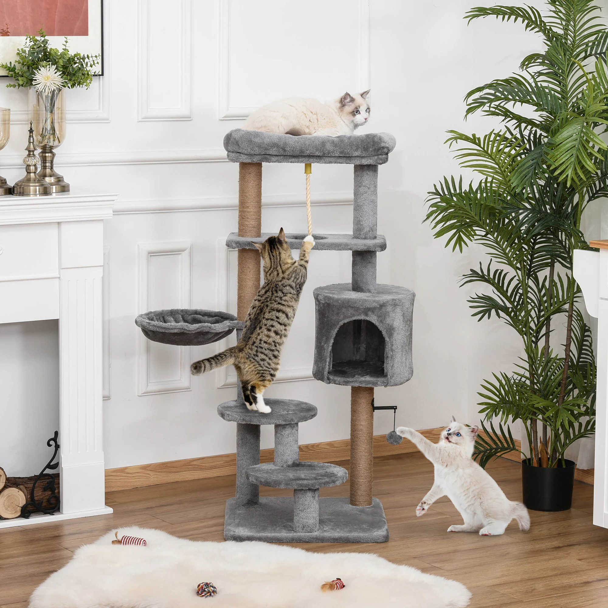 PawHut Kratzbaum mit 5 Ebenen und einer kleinen Höhle grau 48L x 48B x 120H cm