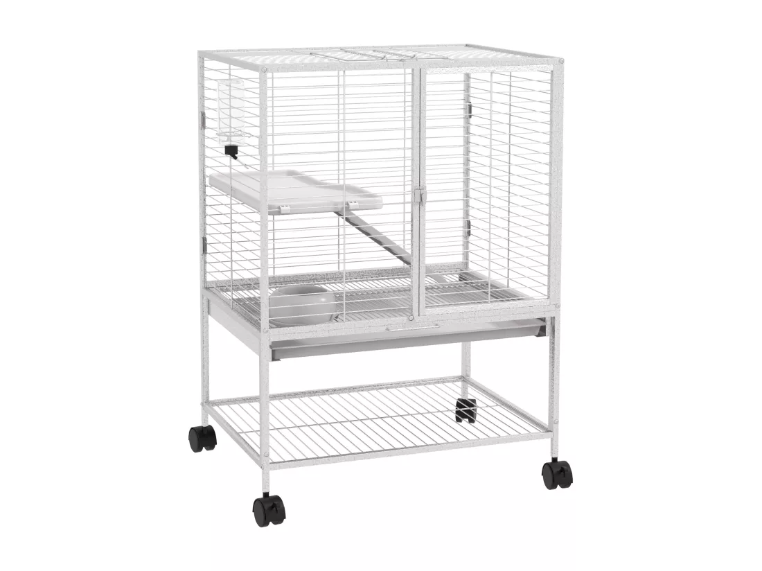 Cage pour rongeurs furet chinchilla plateforme rampe 2 portes biberon gamelle plateau étagère acier gris clair