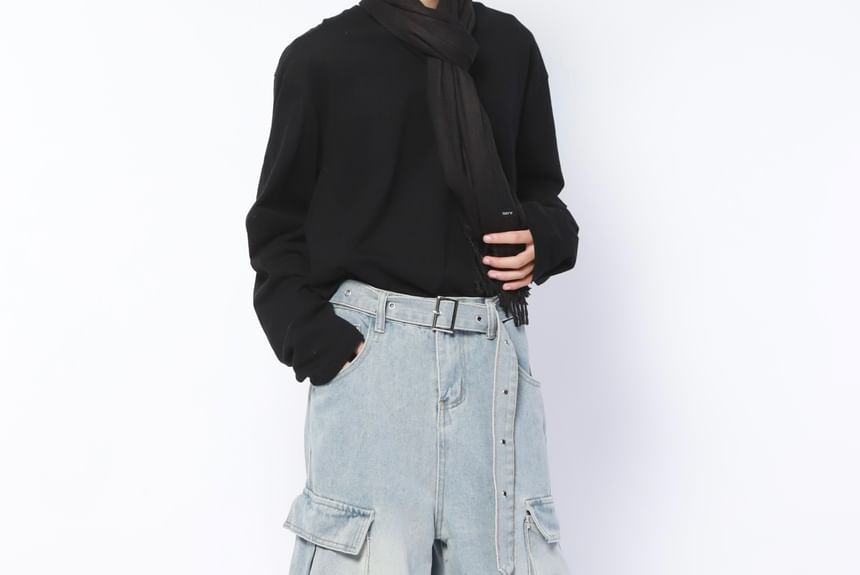 AXEN - Mid Rise Washed Buckled Wide Leg Cargo Jeans