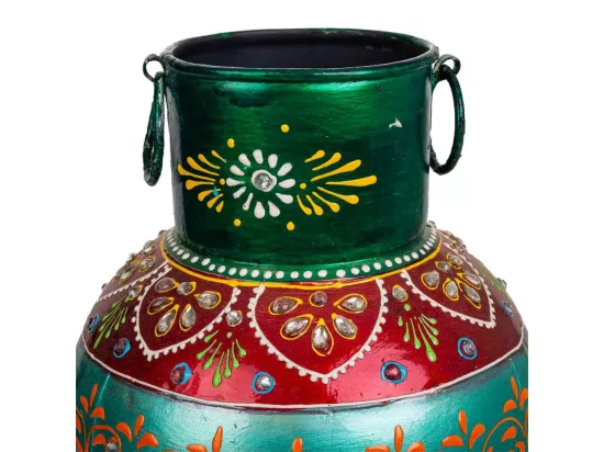 Vase en métal peint artisanalement vert/rouge 16x16x30h