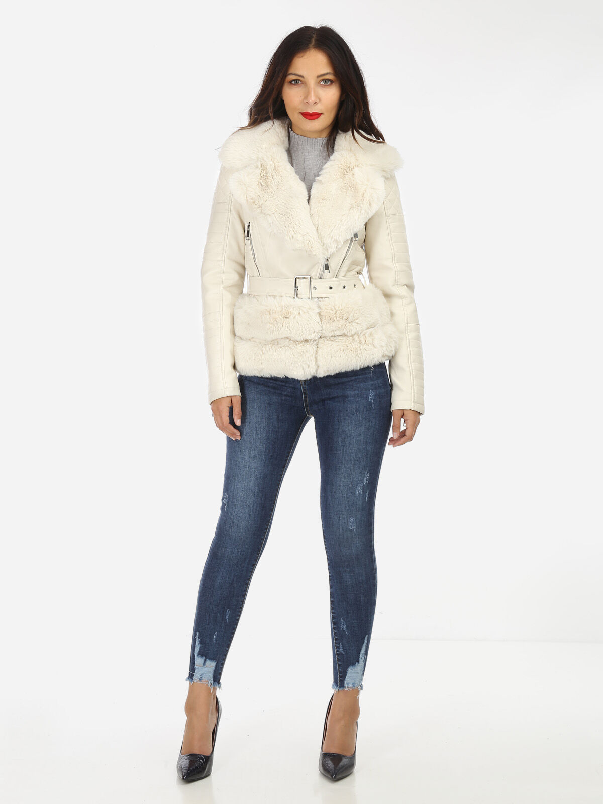 Blouson simili et fausse fourrure- Beige