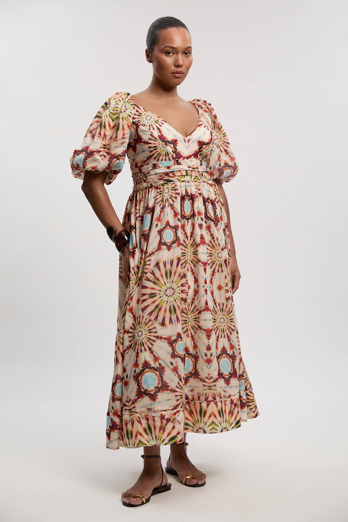 KarenMillen Robe Maxi Tissée Grande Taille À Manches Bouffantes En Soie-coton Imprimé Carreaux