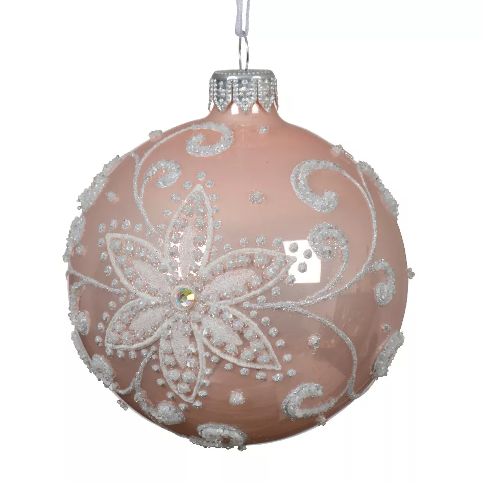 Lot de 6 boules de Noël en verre (D80 mm) Fleur de porcelaine Rose