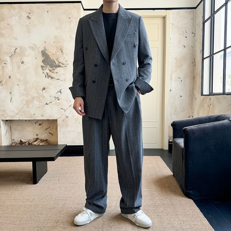 Orungeetun - Reverskraag Pinstripe Dubbelrijs Blazer / Mid Rise Wijde Broek