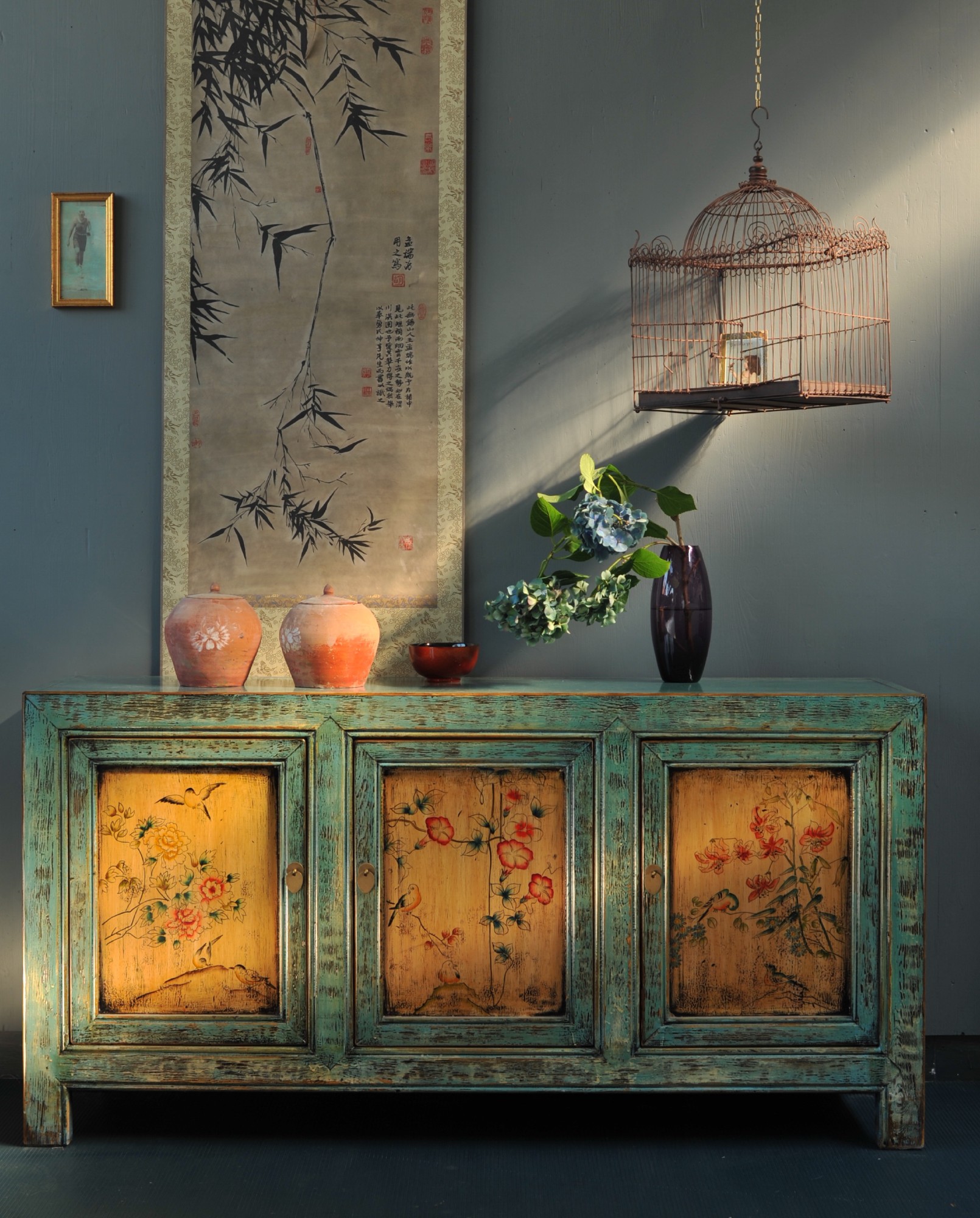 Sideboard 'Deng Hui', türkis, gelb, T 42 cm, B 158 cm, H 80 cm von fischer's lagerhaus