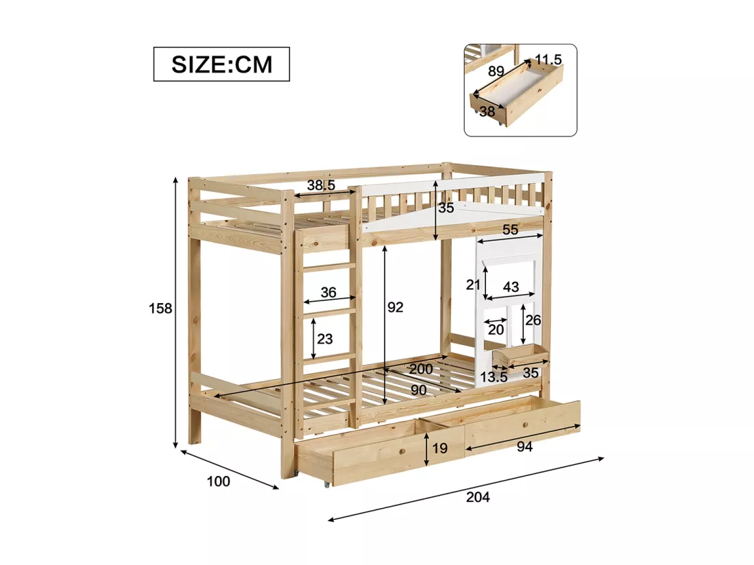Lit superposé pour enfants 90x200 cm, avec fenêtre, rails anti-chute, rails robustes, deux tiroirs sur roulettes, pin + MDF, blanc + naturel