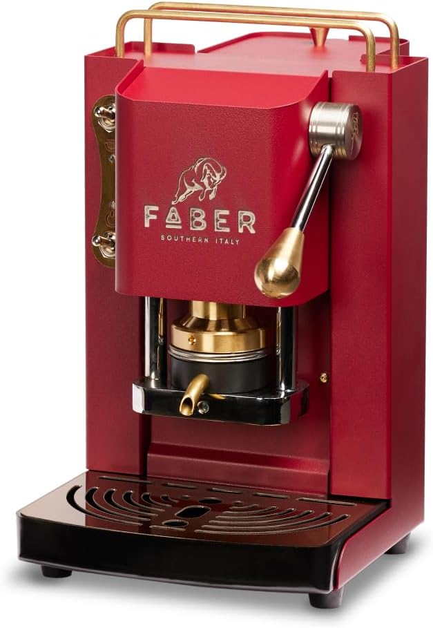 FABER COFFEE MACHINES | Modell Pro Mini Deluxe | Kaffeepadmaschine für 44 mm ESE-Pads | Einstellbare Padpresse aus Messing (CHERRY RED)