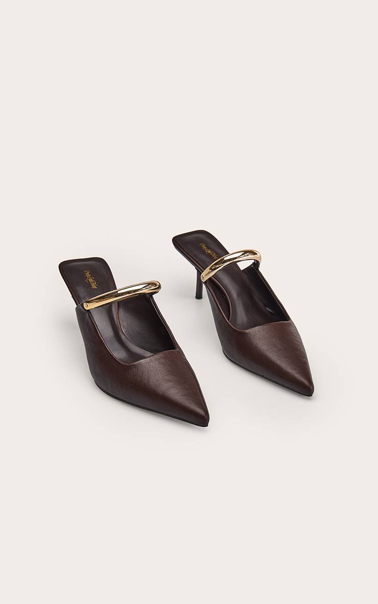 Chocolat Mules À Talons Bout Pointu Avec Détail Doré