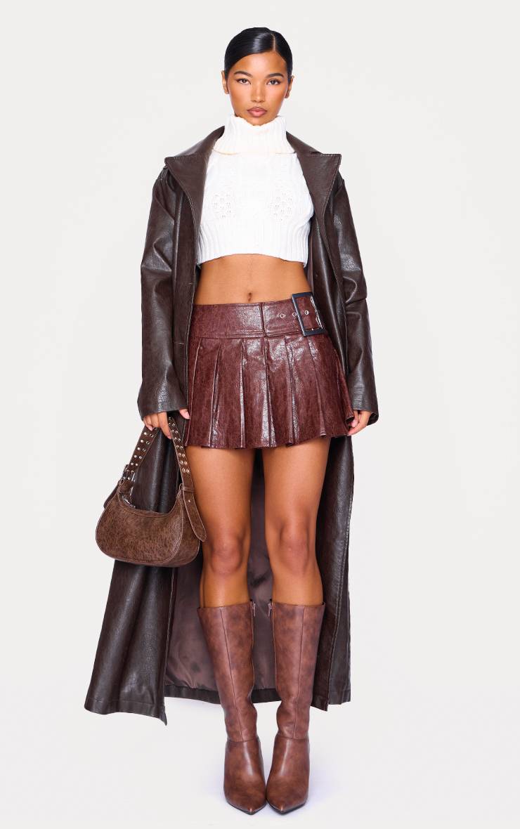 Rouge Bordeaux Mini-jupe Plissée En Synthétiquecuir Avec Ceinture