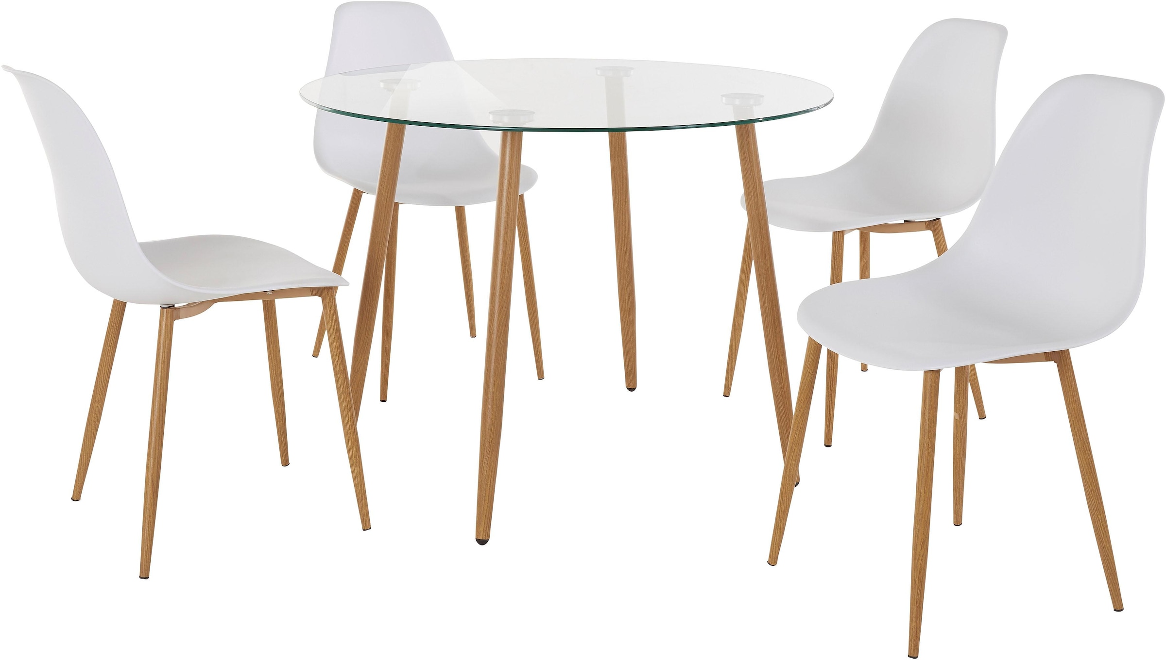 INOSIGN Essgruppe »Miller« Set, 5 Stk. tlg. Glastisch mit 4 Stühlen (Kunststoffschale)