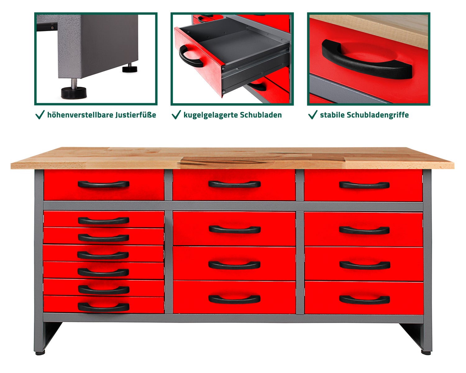 Ondis24 Konny werkbank, 160 cm, rood, 15 laden, werkplaatsuitrusting