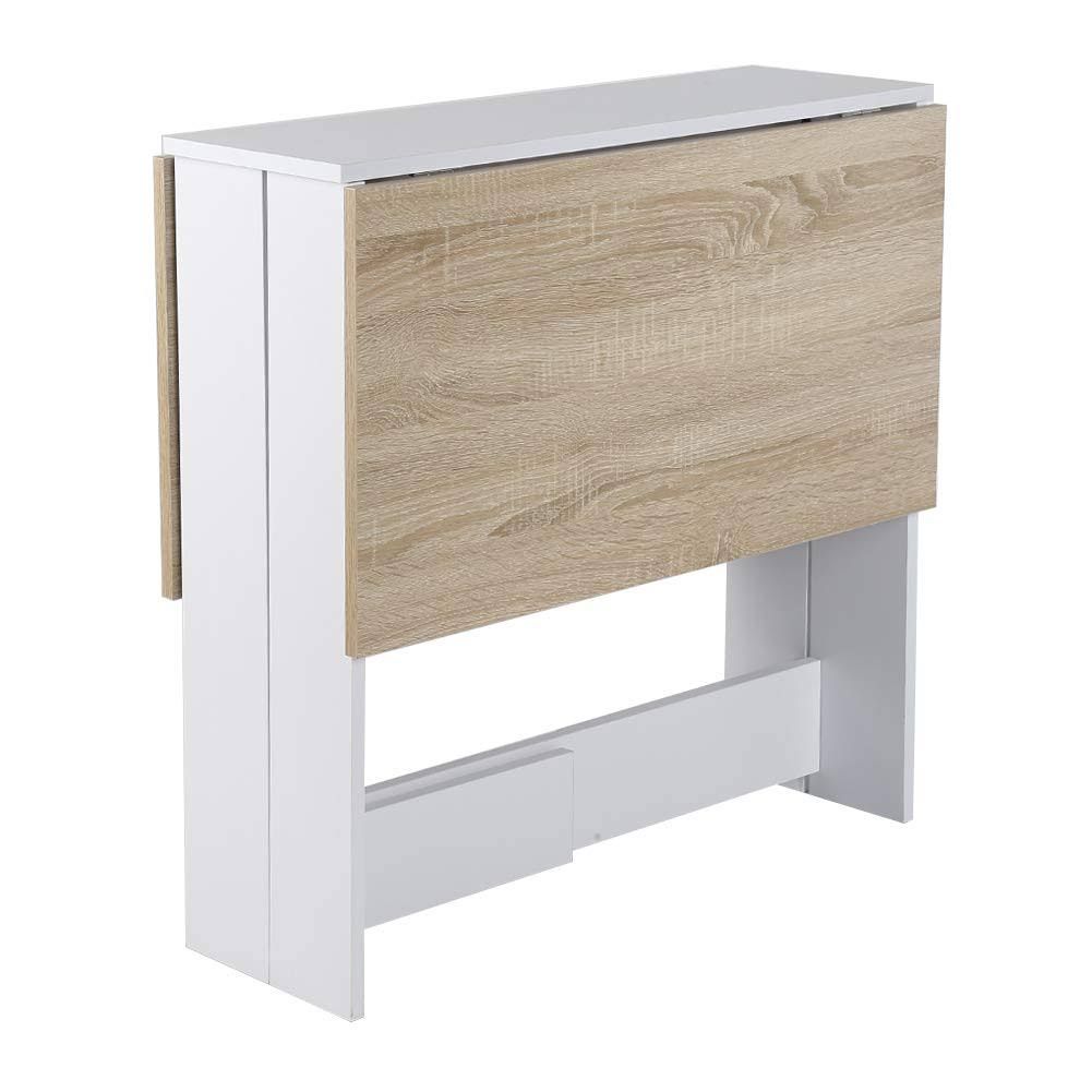 HUOLE Esstisch, Klapptisch mit Rollen, Schreibtisch, Beistelltisch, Tisch mit Ablagefläche für Esszimmer, Holz,103 * 76 * 73,4 cm (Weiß + Eichenfarbe)