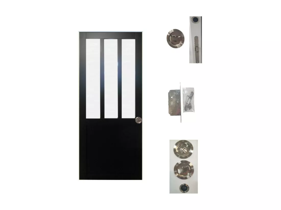 Porte Coulissante Atelier Noir Vitre Depoli H204 X L73 + Serrure à Condamnation Gd Menuiseries